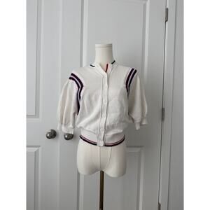 Maeve Puff Sleeve Inset Graphic Cardigan Sweater Preppy Old Money Tenniscore